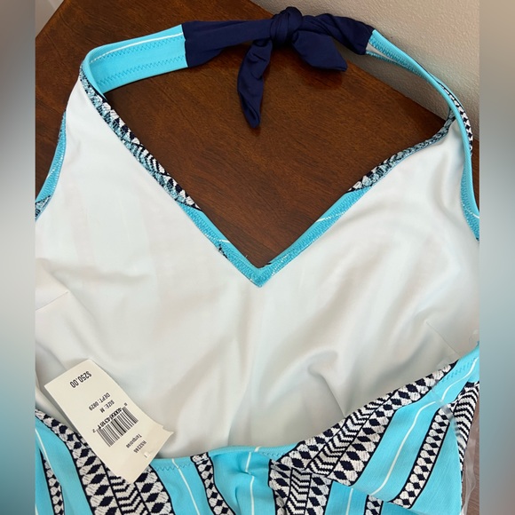 NWT Lemlem turquoise navy white tribal stripe belted swimsuit size medium - Picture 14 of 16